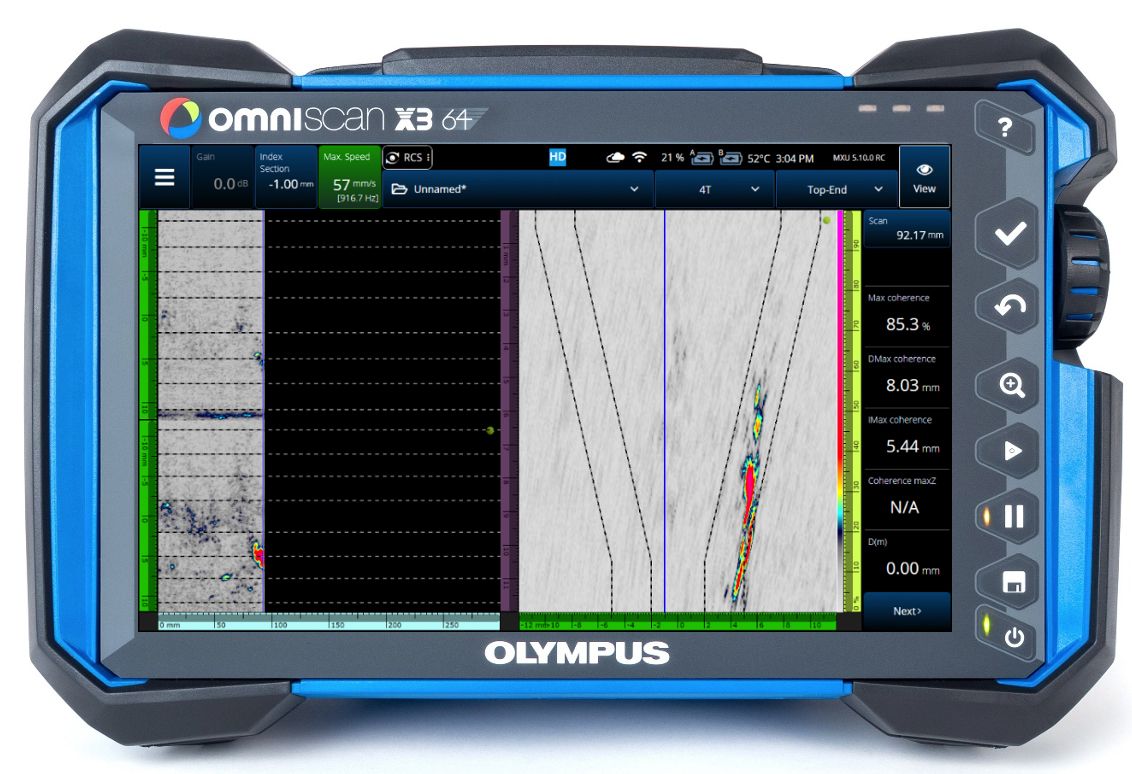 Dữ liệu mối hàn trên thiết bị siêu âm OmniScan X3 64 sử dụng hình ảnh kết hợp pha trực tiếp (PCI), một kỹ thuật phát hiện khuyết tật không phụ thuộc vào biên độ.
